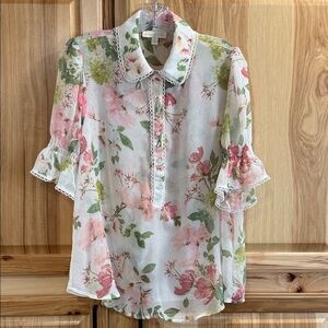 Alex & Lili Floral Sheer Puff Vintage Inspired Charming Short Sleeve Blouse Sz L